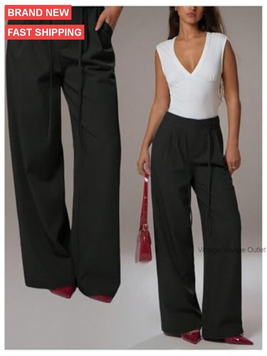 High Rise Wide Leg Trousers, Polyester Blend, Business Casual Office Pants - Picture 5 of 5